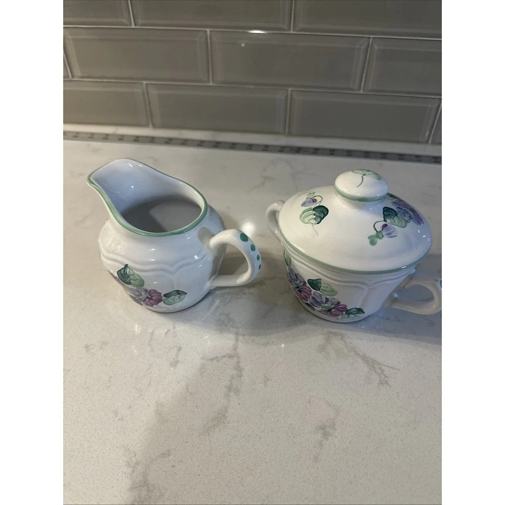 Herend Village Pottery Made In Hungary VIOLETS Pattern Sugar & Creamer Set‎
